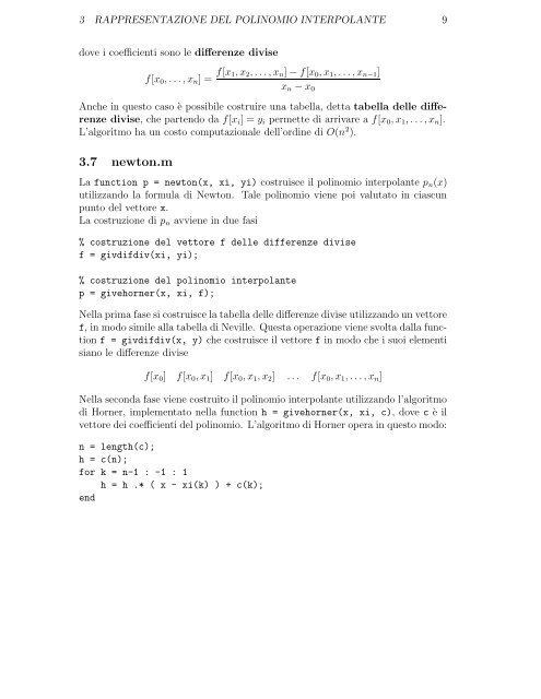 Algoritmi per l'interpolazione polinomiale Implementazione MATLAB