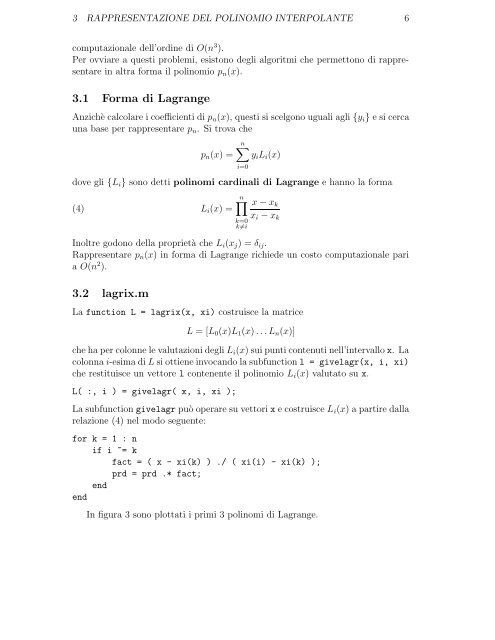 Algoritmi per l'interpolazione polinomiale Implementazione MATLAB