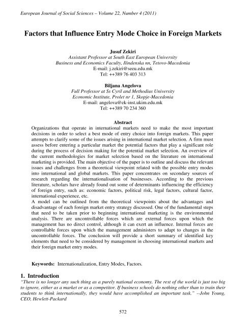 Factors that Influence Entry Mode Choice in Foreign ... - EuroJournals