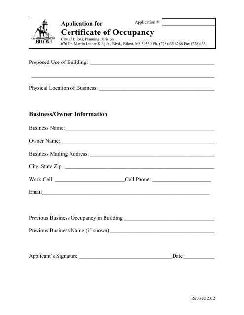 Certificate of Occupancy Application - City of Biloxi