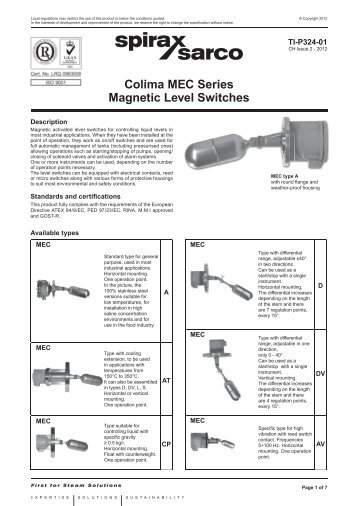 Colima MEC Series Magnetic Level Switches