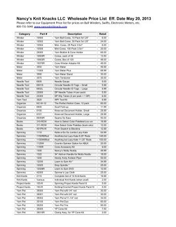 Retail Price List - Nancy's Knit Knacks