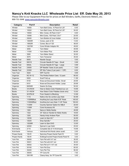 Retail Price List - Nancy's Knit Knacks