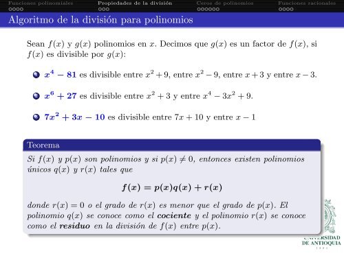 Funciones polinomiales y racionales - Departamento de MatemÃ¡ticas