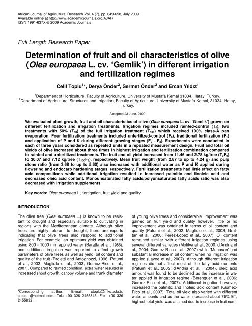 Determination of fruit and oil characteristics of olive (Olea europaea ...