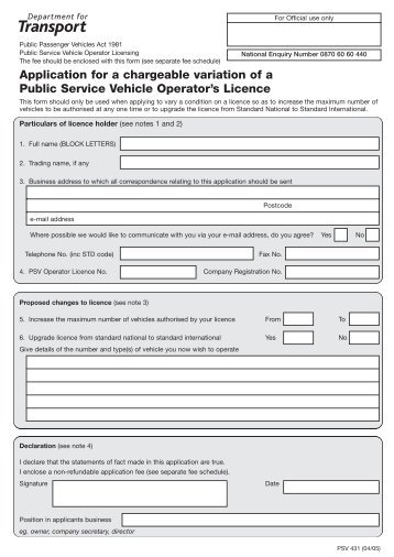 Application for a chargeable variation of a Public Service Vehicle ...