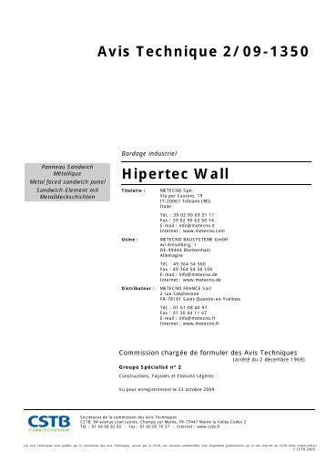 Avis Technique 2/09-1350 Hipertec Wall - Metecno Trading GmbH