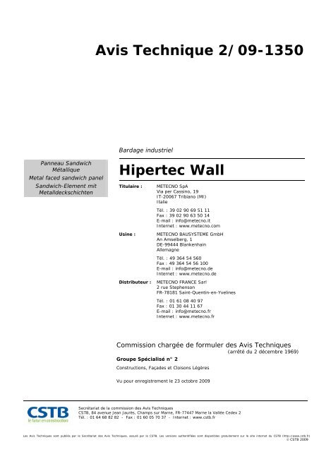 Avis Technique 2/09-1350 Hipertec Wall - Metecno Trading GmbH