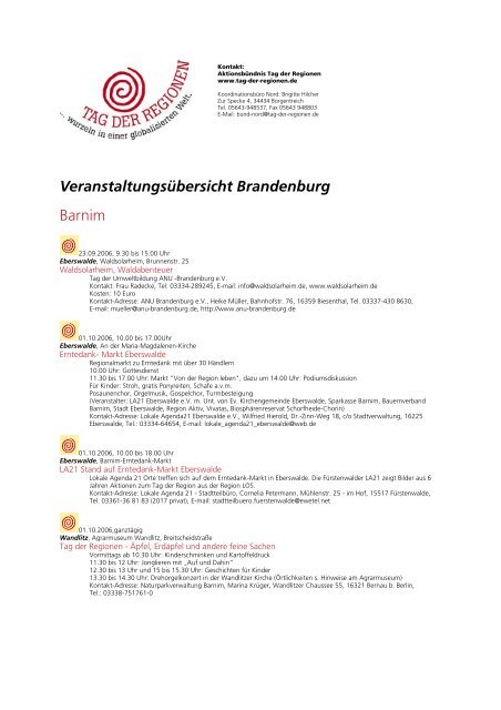 Veranstaltungsübersicht Brandenburg Barnim - Tag der Regionen