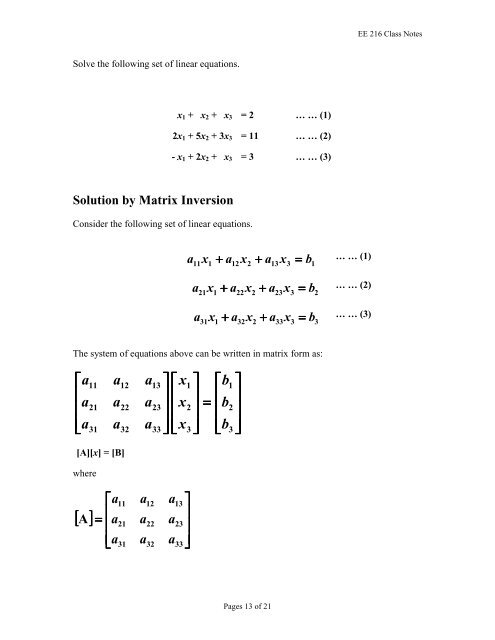 Numerical Solutions of Linear Systems of Equations