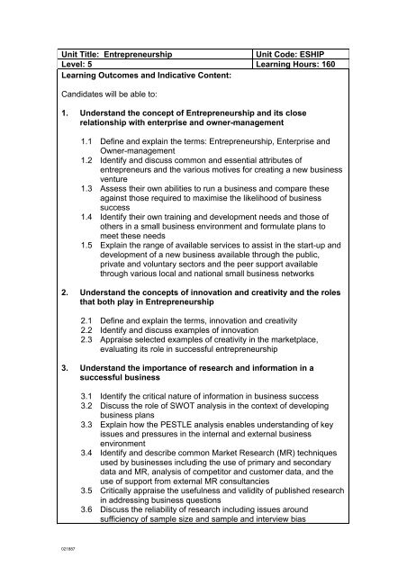 Unit Title: Entrepreneurship Unit Code: ESHIP Level: 5 Learning ...