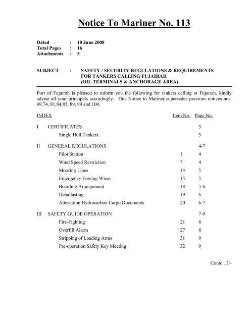 Notice To Mariner No. 113 - Port Of Fujairah