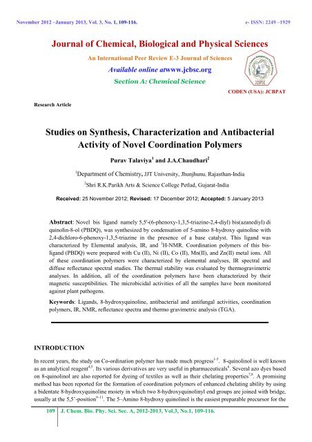 Studies on Synthesis, Characterization and Antibacterial Activity of ...