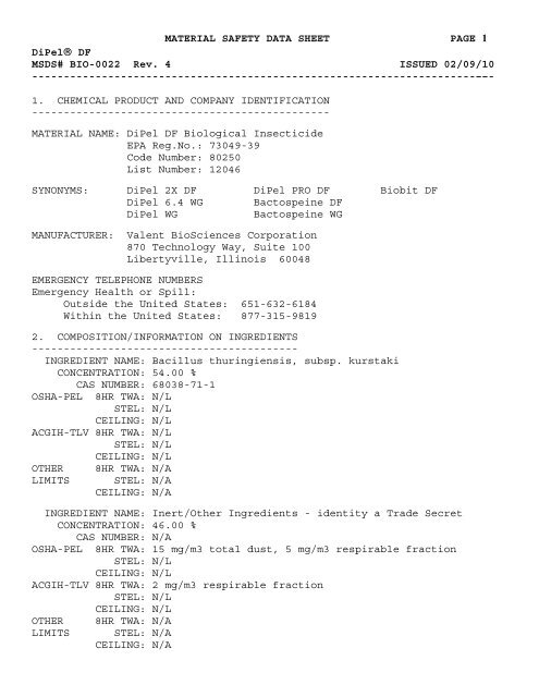 MATERIAL SAFETY DATA SHEET PAGE 1 DiPel® DF MSDS# BIO ...