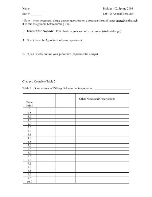 Biology 102 Spring 2008 Sec. # ______ Lab 12: Animal Behavior ...