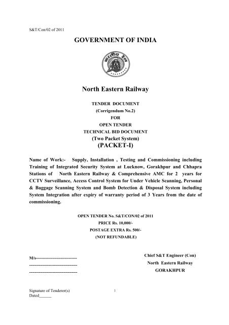 GOVERNMENT OF INDIA North Eastern Railway