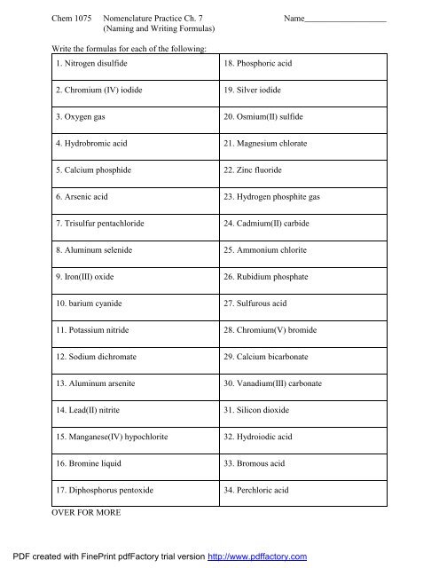 Writing Names and Formulas Practice (for Ch. 7) - Faculty Web Pages