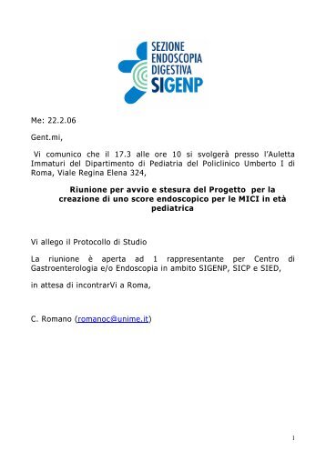 Me: 22.2.06 Gent.mi, Vi comunico che il 17.3 alle ore 10 si ... - SIGENP