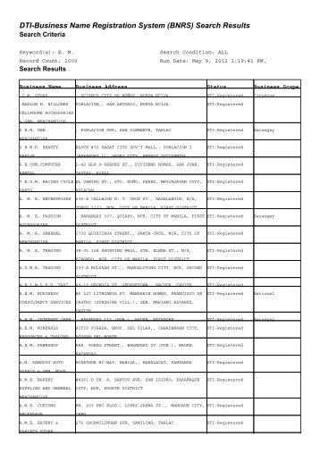 DTI-Business Name Registration System (BNRS) Search Results