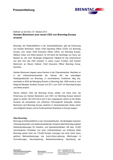 Karsten Beckmann wird neuer CEO von Brenntag Europe (PDF; 0 ...