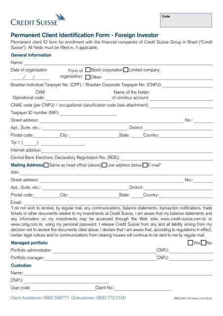 Permanent Client Identification Form - Foreign Investor - Credit Suisse