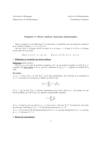 SÃ©ries enti`eres, fonctions holomorphes - Institut de mathÃ©matiques ...