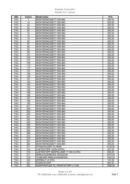 Prisliste Thule 2011 Gjelder fra 1. januar Alfa ... - Rodin & Co AS