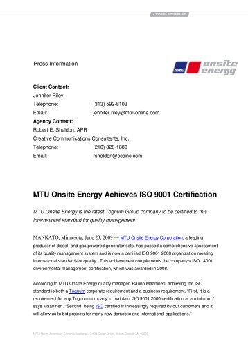 MTU Onsite Energy Achieves ISO 9001 Certification (PDF, 42 KB)