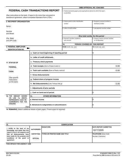 OMB Standard Form 272/Federal Cash Transactions Report