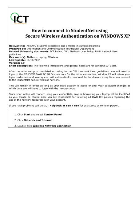 How to connect to StudentNet using Secure Wireless ... - DWU Intranet