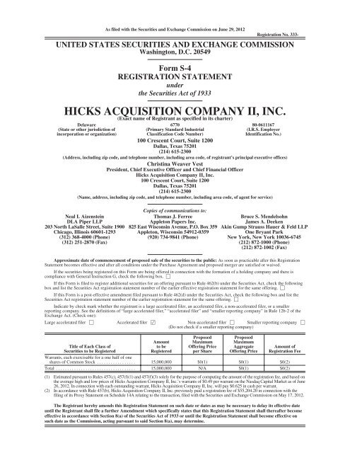 Form S-4 registration statement for Hicks Acquisition Company II ...