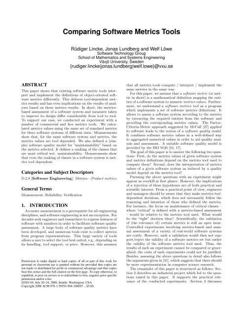 Comparing Software Metrics Tools - Applied Research in System ...