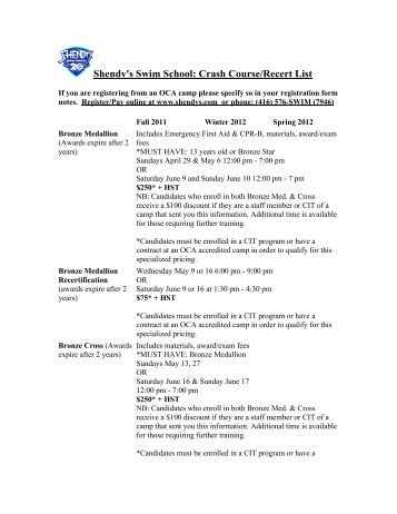 Shendy's Swim School: Crash Course/Recert List - Camp White Pine