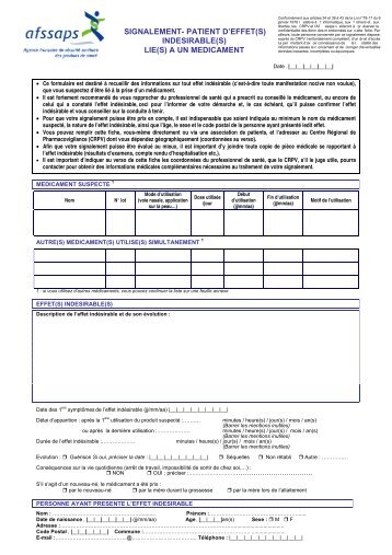 Formulaire dÃ©claration patient effet indÃ©sirables
