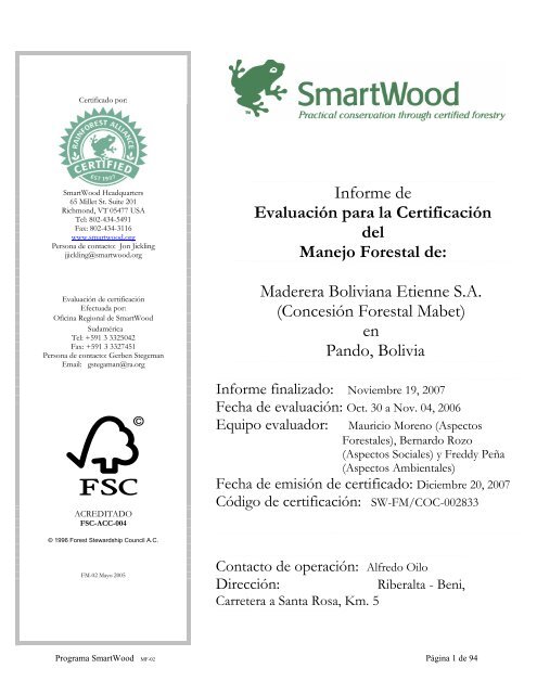 Maderera Boliviana Etienne S.A. (ConcesiÃ³n Forestal Mabet) en ...