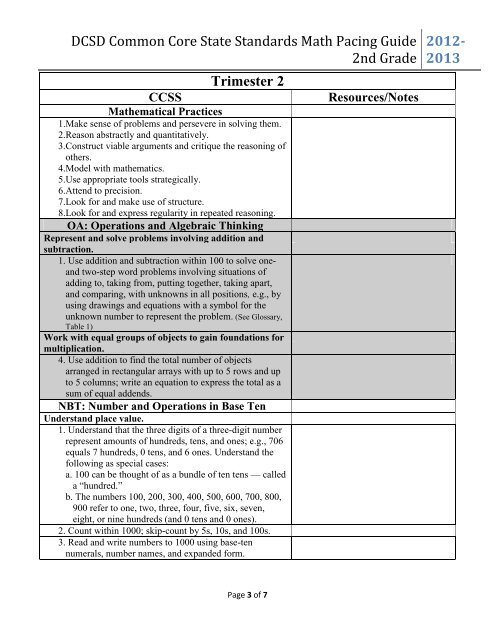 DCSD Common Core State Standards Math Pacing Guide 2nd Grade