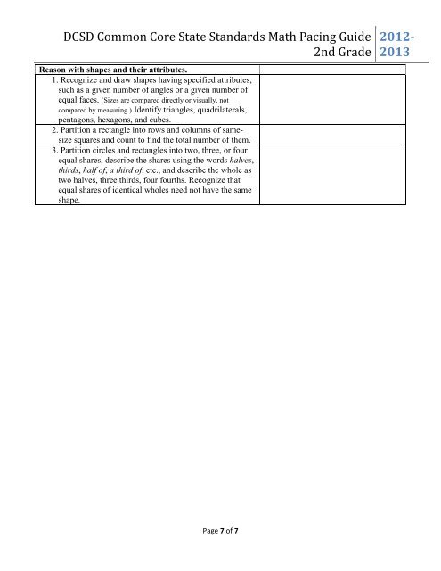 DCSD Common Core State Standards Math Pacing Guide 2nd Grade