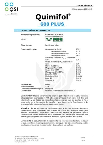 Ficha TÃ©cnica QUIMIFOL 600 PLUS - Qsi