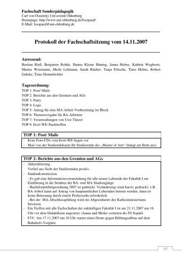 Protokoll der Fachschaft Sonderpädagogik 14.11.07