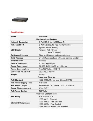 Specifications: Model FSD-808P Hardware ... - CCTV Direct