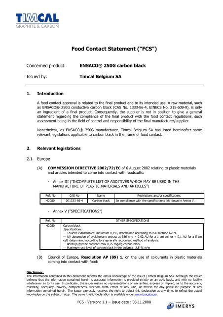 Food contact statement E250 G (Version 1.1) - Timcal