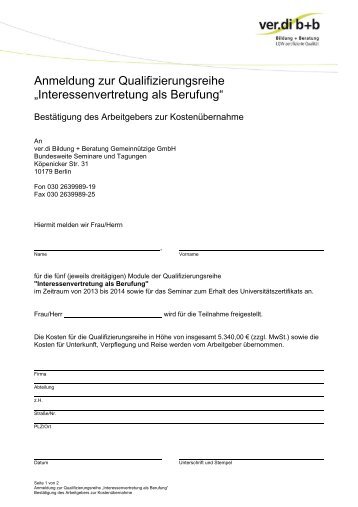 Anmeldung und Kostenübernahmeerklärung (Abschluss ... - ver.di b+b