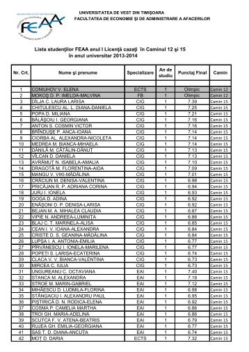 Lista studenÅ£ilor FEAA anul I LicenÅ£Ä cazaÅ£i Ã®n Caminul 12 ... - OSUT.ro