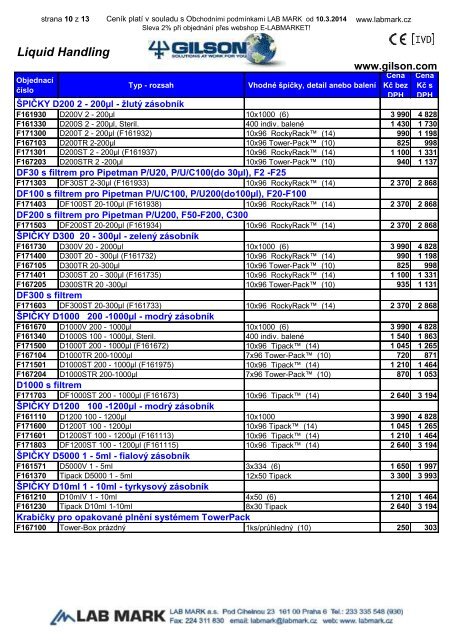 CenÃ­k produktÅ¯ Gilson (626,7 kB; formÃ¡t PDF) - LAB MARK