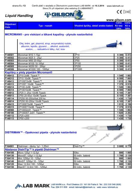 CenÃ­k produktÅ¯ Gilson (626,7 kB; formÃ¡t PDF) - LAB MARK