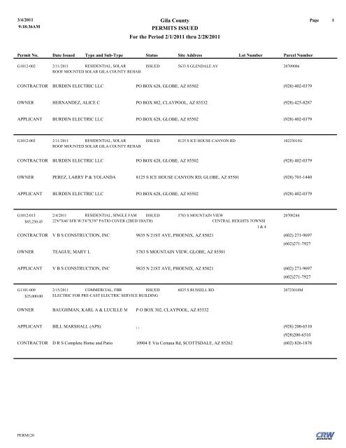 Gila County PERMITS ISSUED For the Period 2/1/2011 thru 2/28/2011