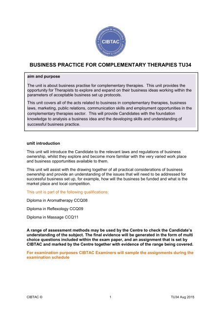 BUSINESS PRACTICE FOR COMPLEMENTARY THERAPIES TU34