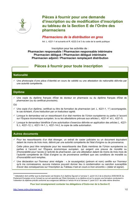 PiÃ¨ces Ã  fournir - Section E - Distribution - Ordre National des ...