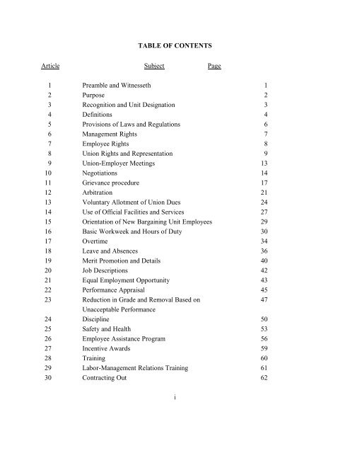 TABLE OF CONTENTS Article Subject Page 1 Preamble and ...