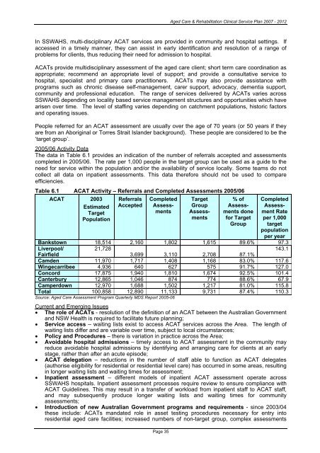 Aged Care & Rehabilitation Clinical Services Plan 2007 Ã¢Â€Â“ 2012